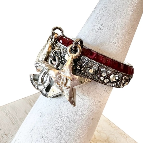 Authentic CHANEL Silver Moon Star CC Crystal Ring Size 6 - Picture 13 of 17